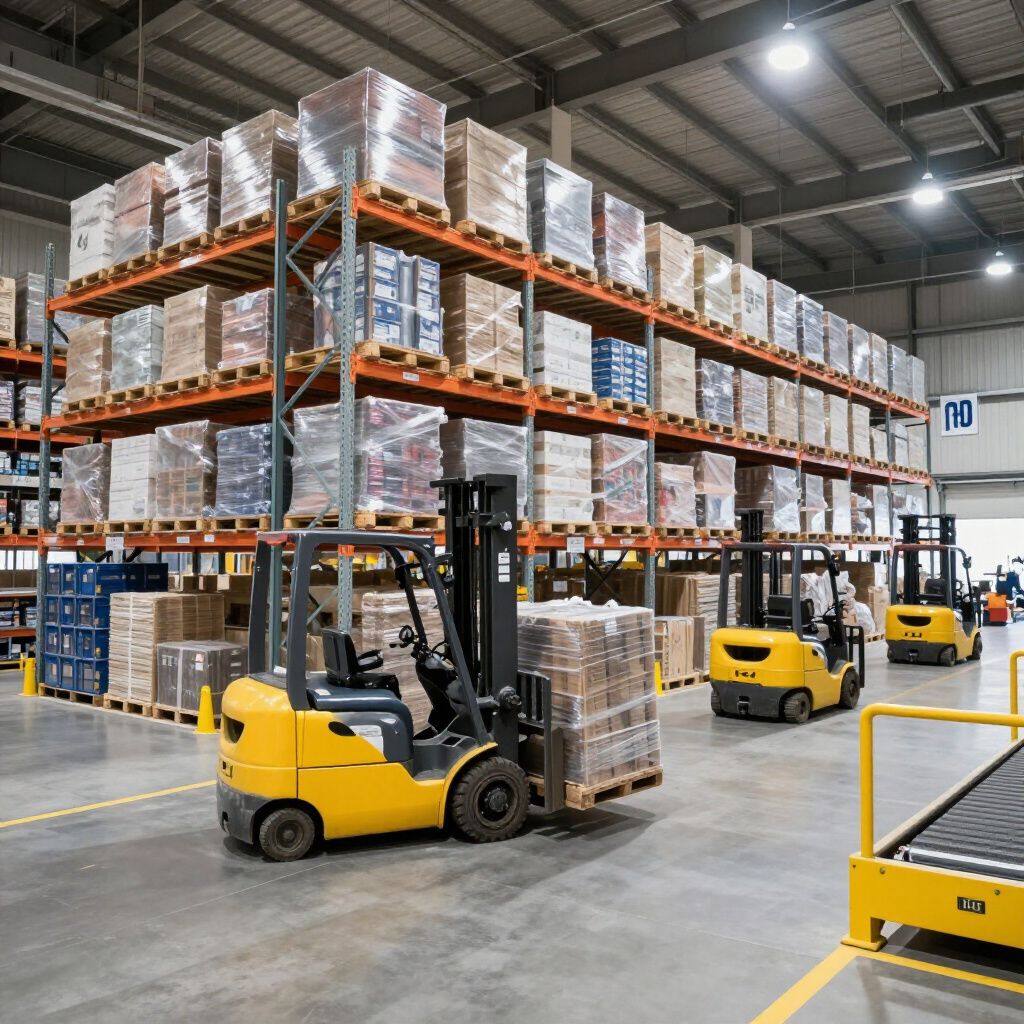 Yellow forklifts operating in a warehouse with stacked pallets of goods on shelving.