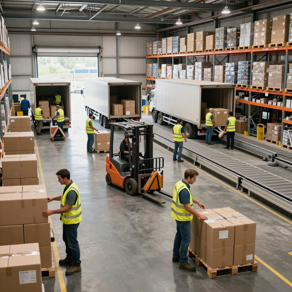 Warehouse with workers loading trucks with boxes, using forklifts.