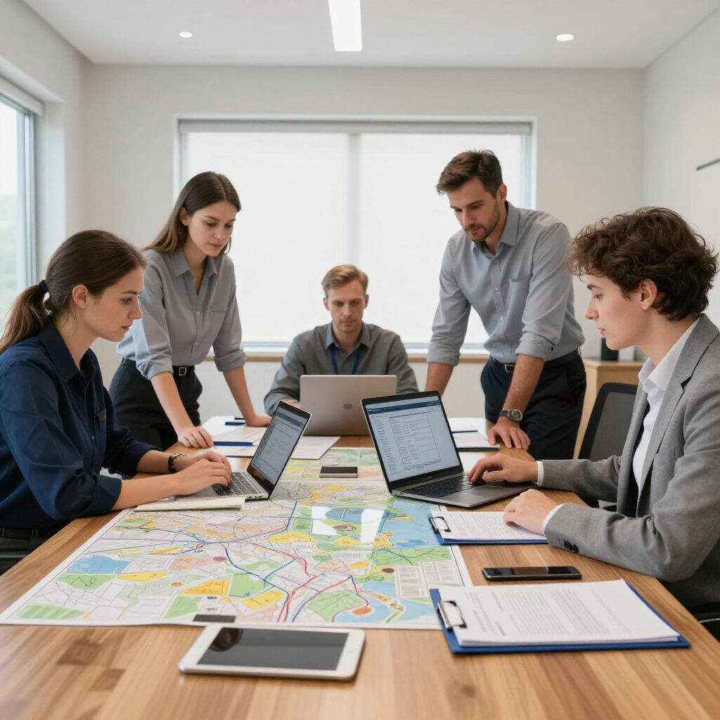Team collaborating around a table with laptops, a map, and documents in an office setting.