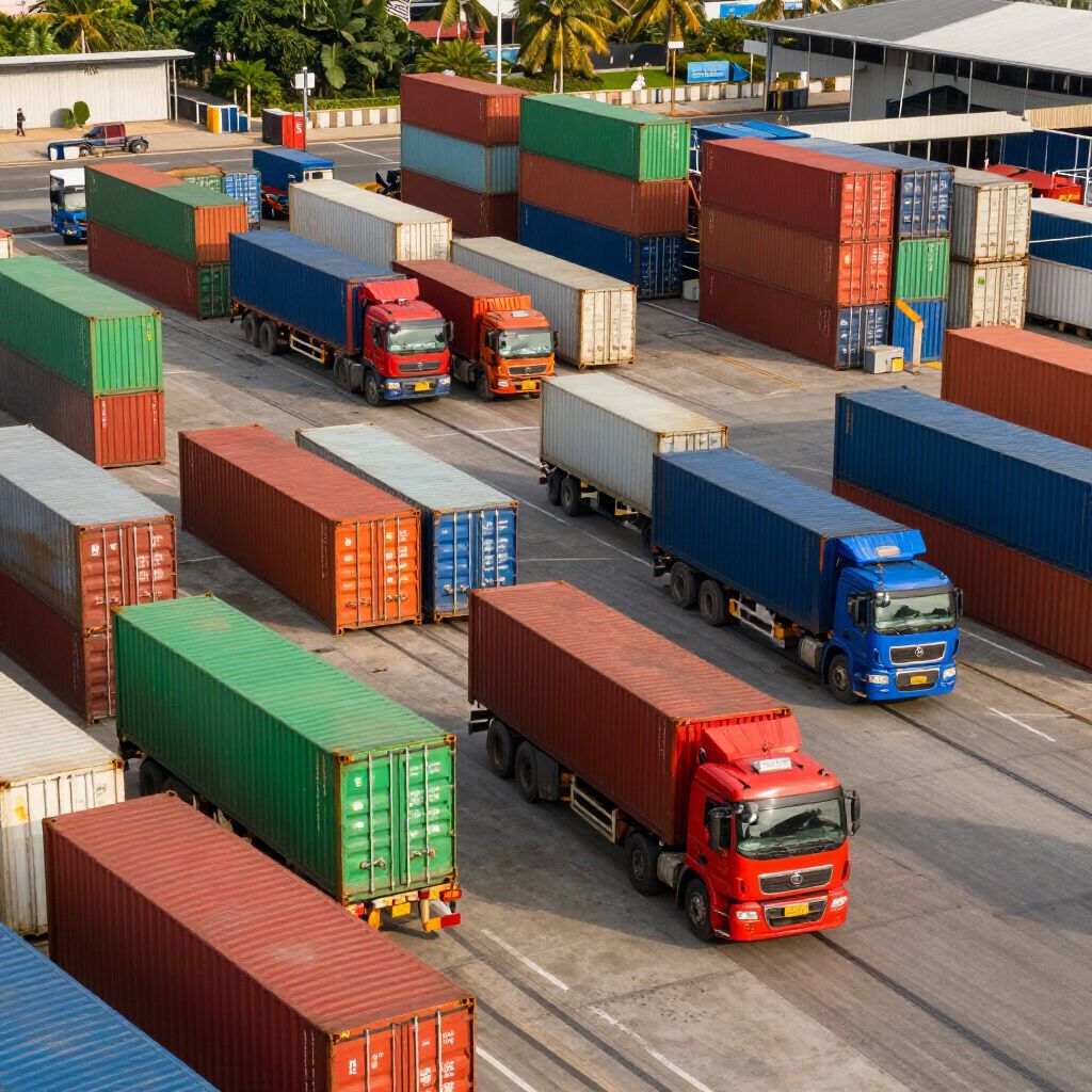Trucks transporting shipping containers in a port, various colors.