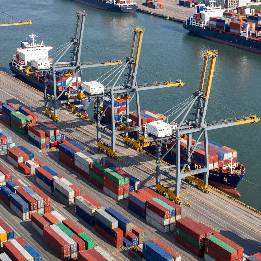 Shipping port with container ships, cranes loading cargo containers.