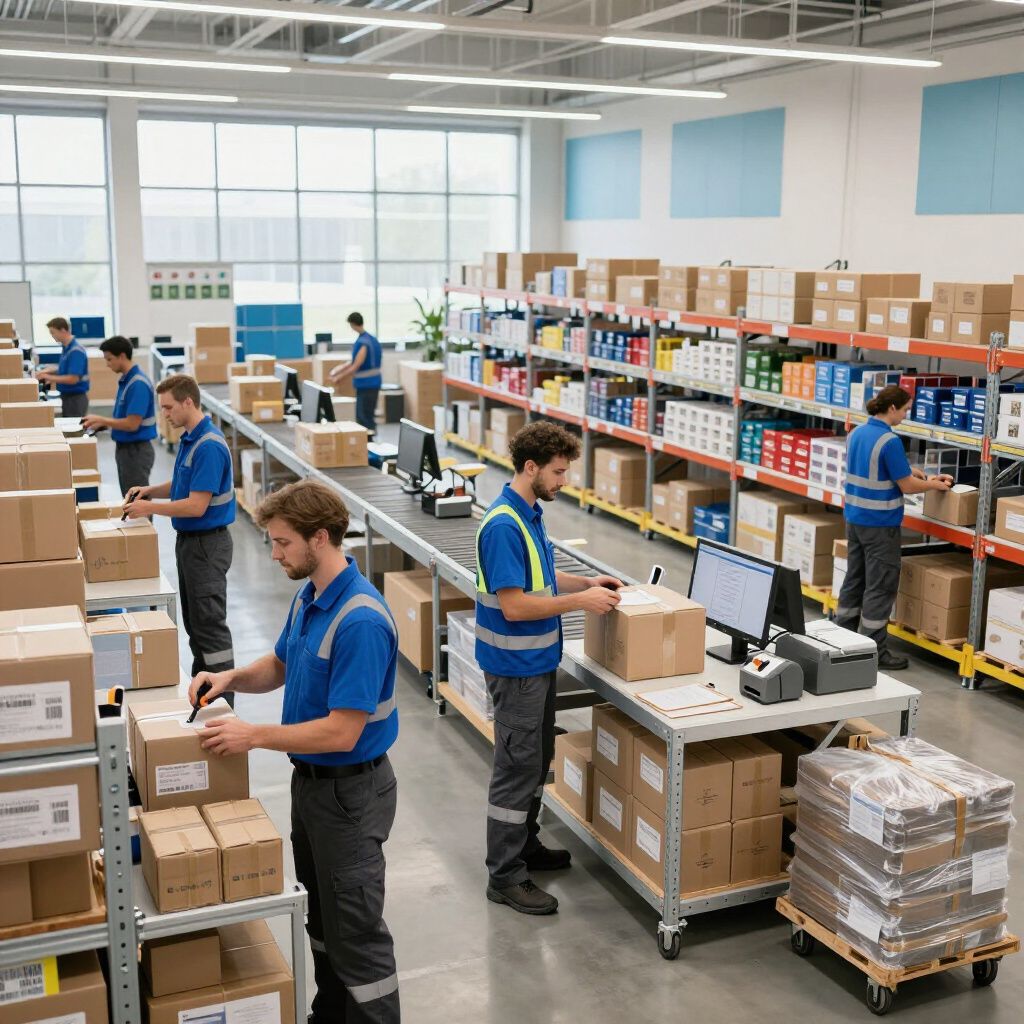 Warehouse workers packing boxes at a facility with shelving and conveyor belt.