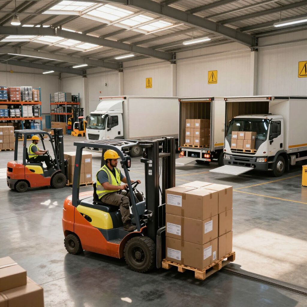 Forklifts loading trucks in a warehouse; workers in safety vests; boxes on pallets.