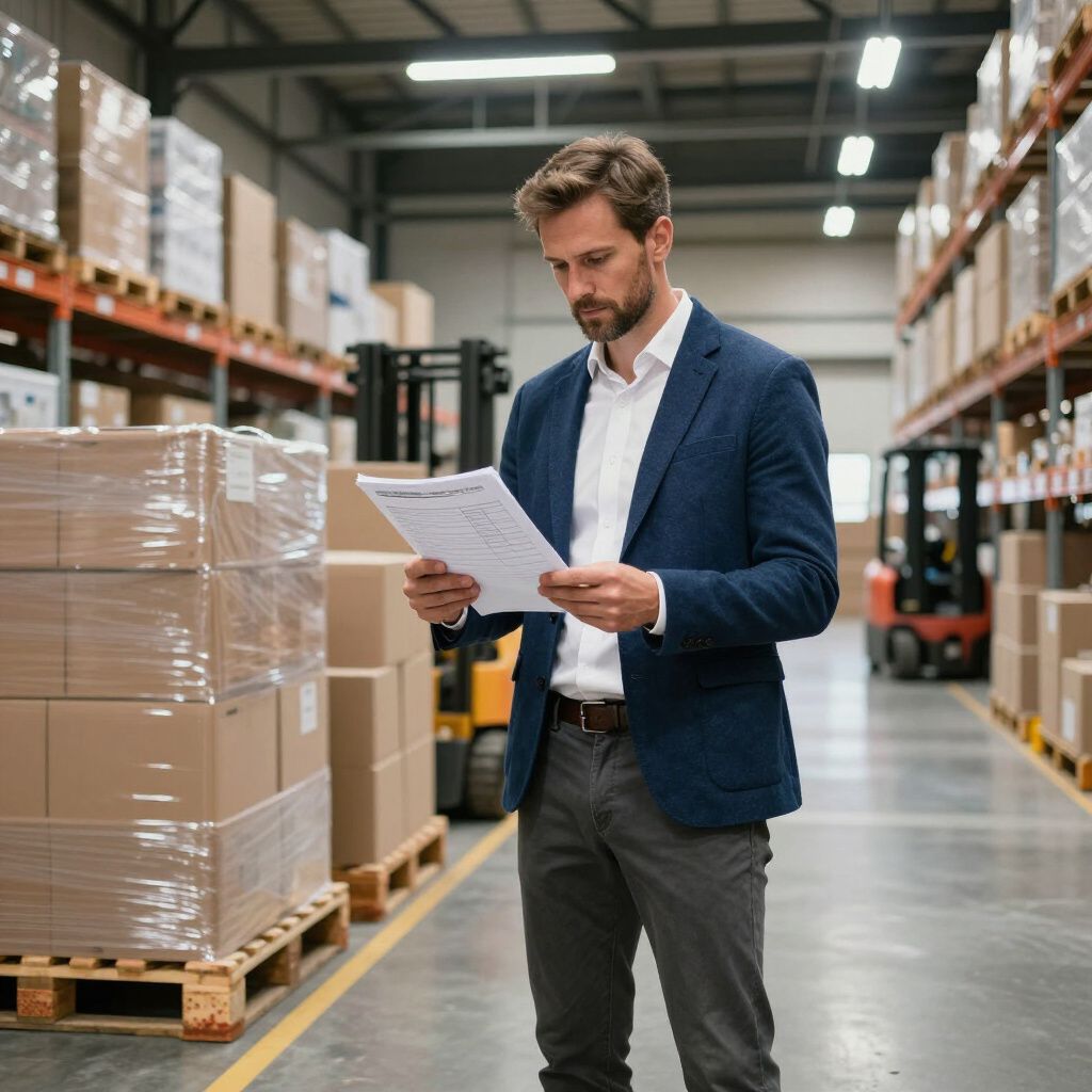 Man in a warehouse, looking at paperwork. Boxes and a forklift in the background.