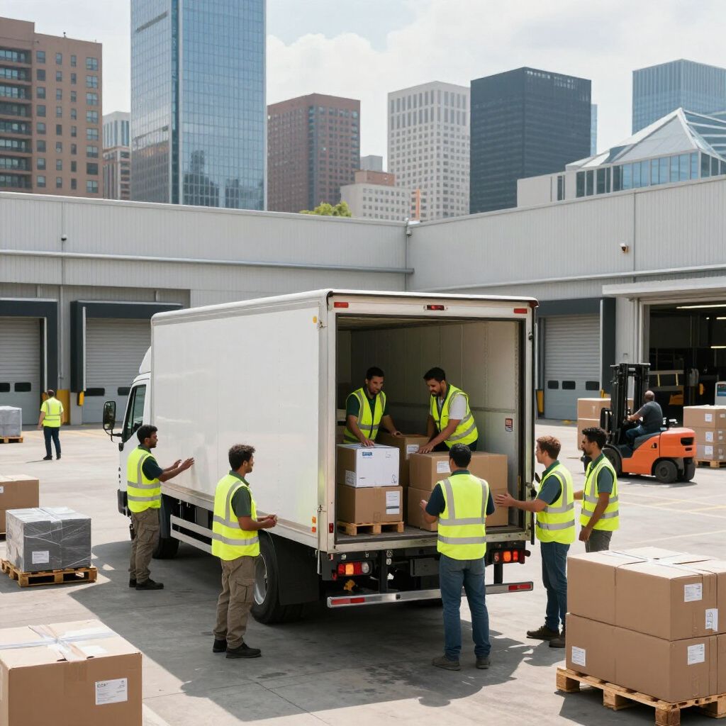 Warehouse workers loading boxes into a truck at a loading dock; city buildings in background.