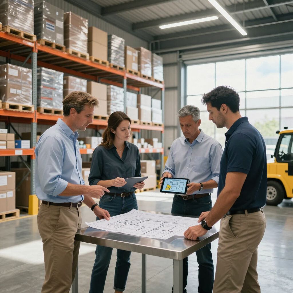 Four people reviewing blueprints and a tablet in a warehouse, with boxes on shelves and a forklift.