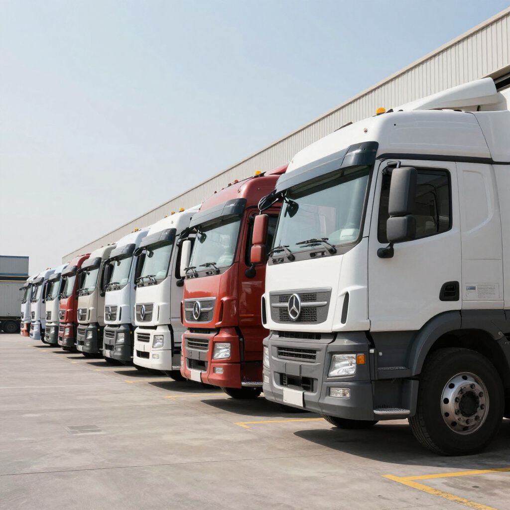 Trucks lined up in a row at a loading dock; various colors including white, red, and gray.