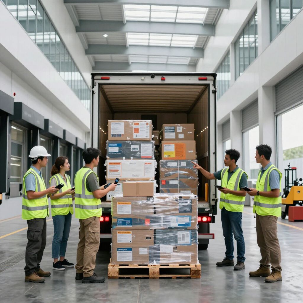 Workers loading boxes onto a truck at a warehouse. Workers wearing vests and scanning packages.