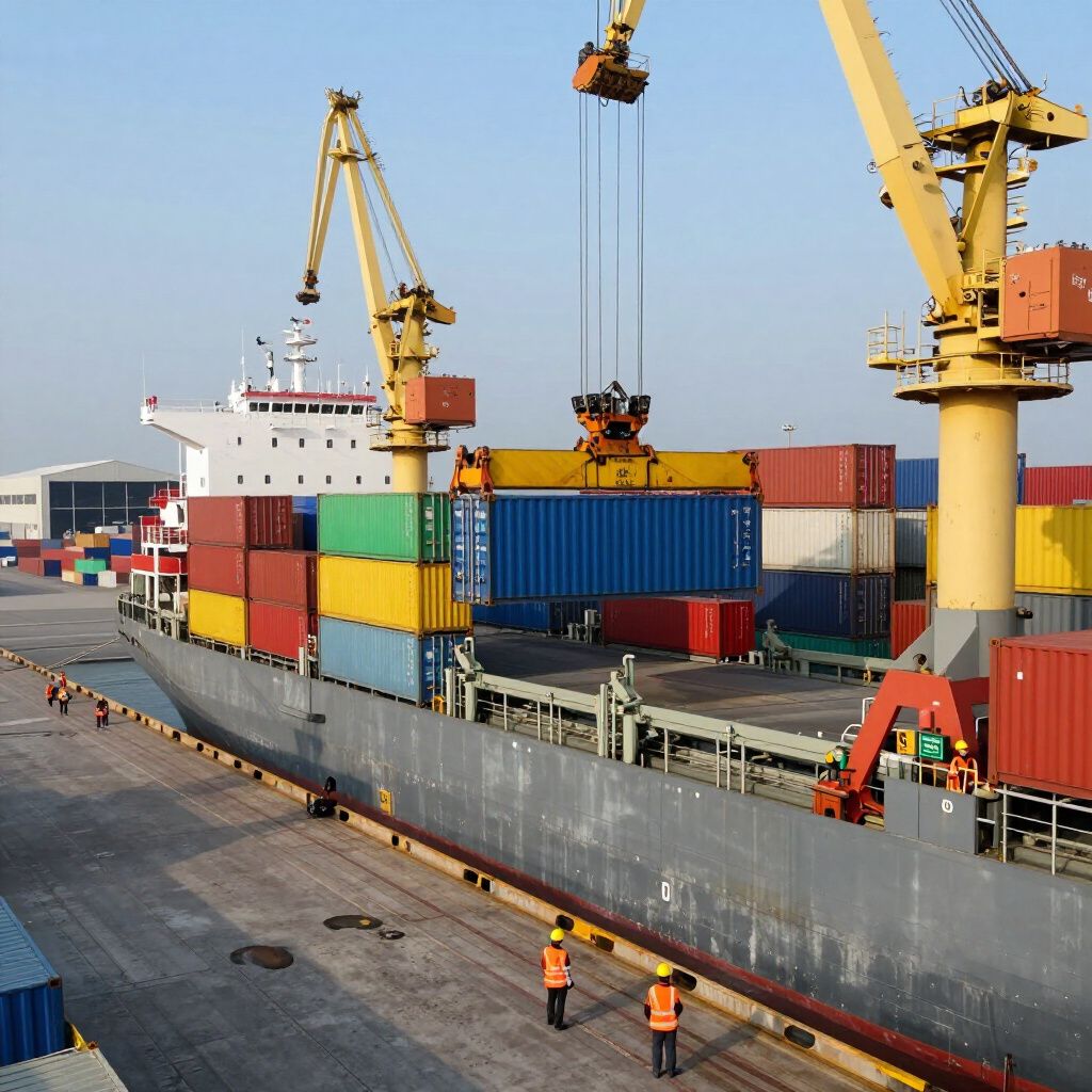 Cargo ship being loaded with colorful shipping containers at a harbor dock, yellow cranes overhead.