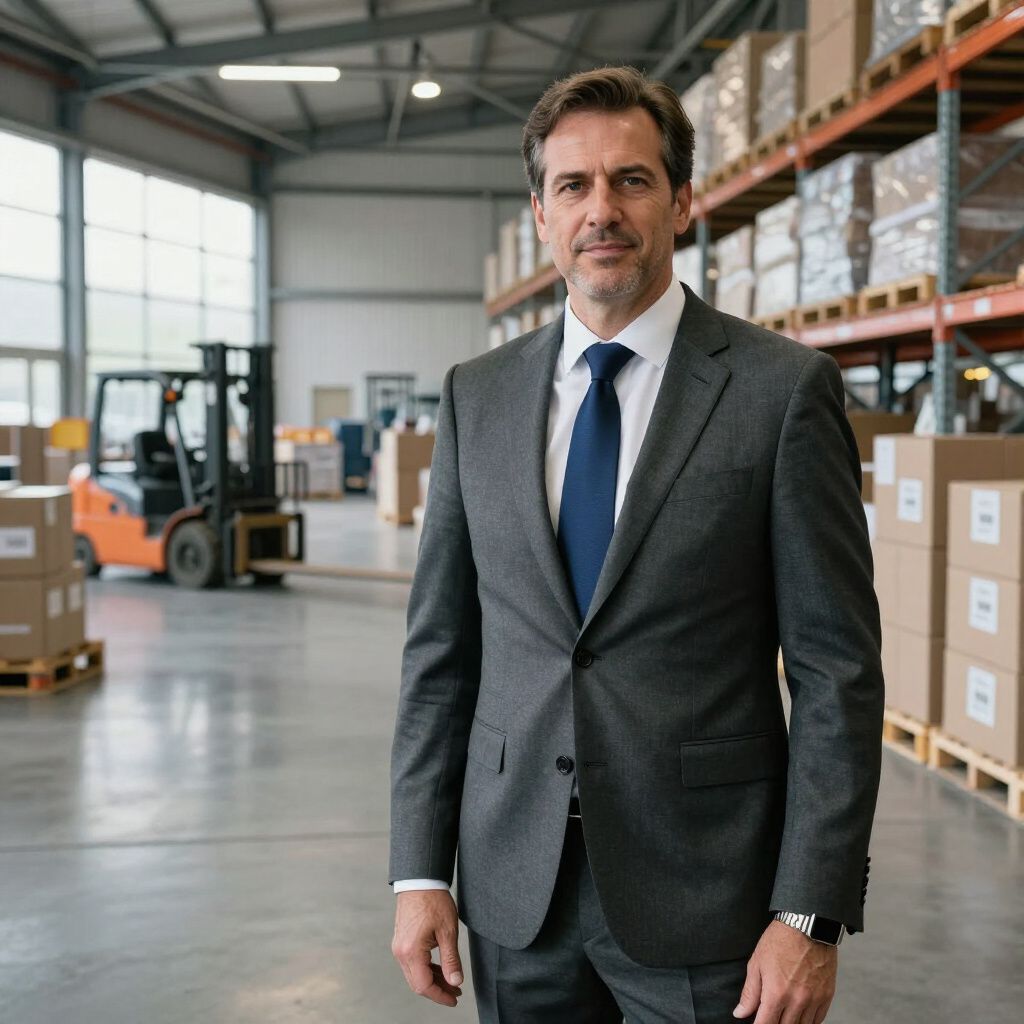 Man in suit standing in a warehouse, boxes stacked on shelves, forklift in background.