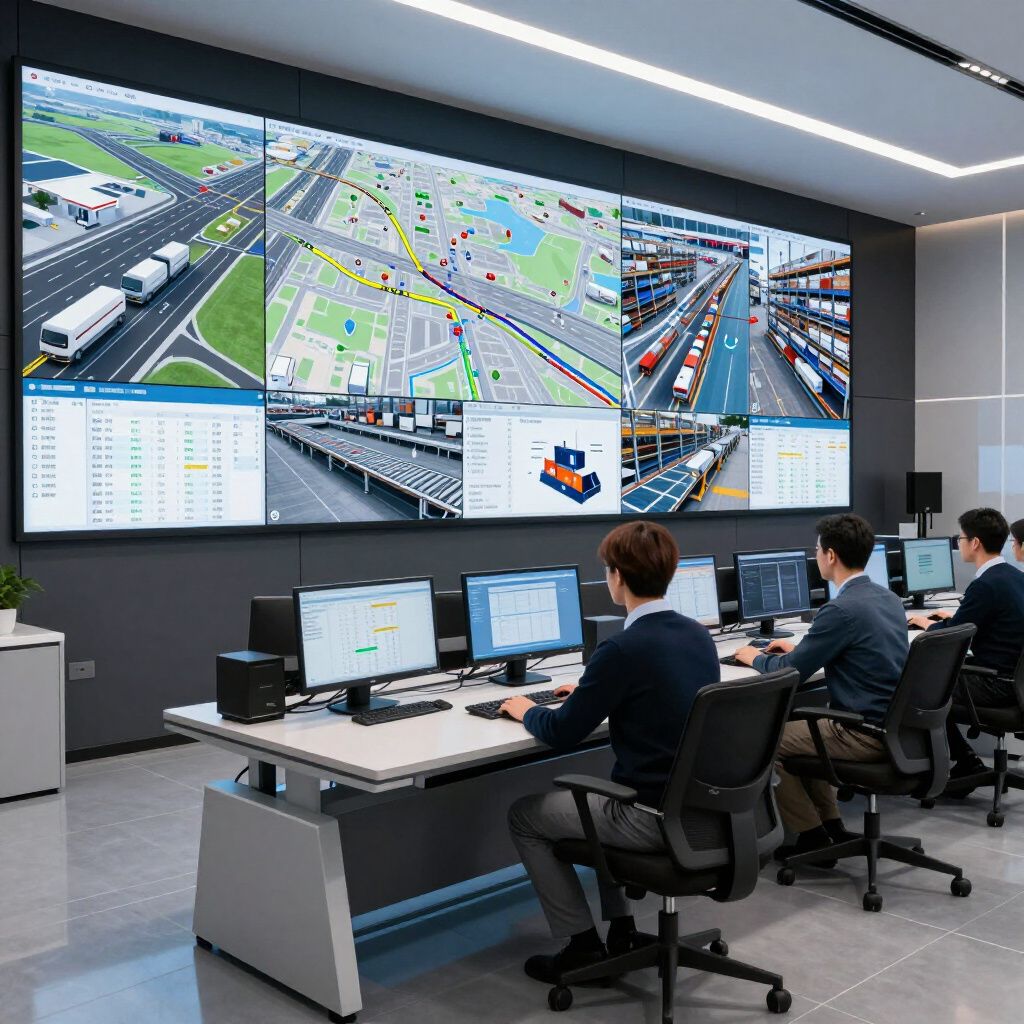 Control room with multiple monitors showing traffic and logistics data, operators at workstations.