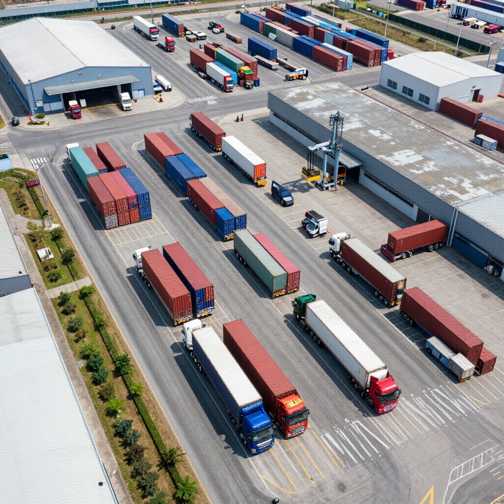 Aerial view of a cargo port with trucks and shipping containers.