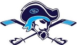 Logo featuring a pirate head in a dark blue hat and light blue bandana, centered over two crossed dark blue hockey sticks.