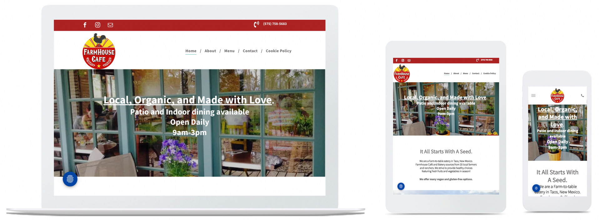 Farmhouse Cafe  home page in desktop, mobile and tablet view
