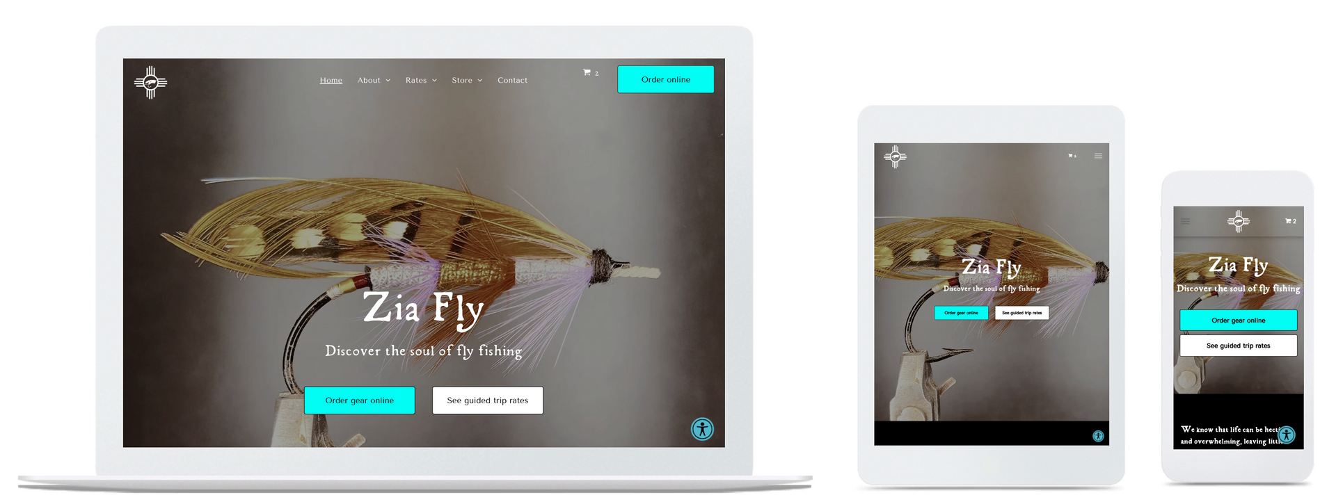 Zia Fly's website home page in desktop, mobile and tablet view