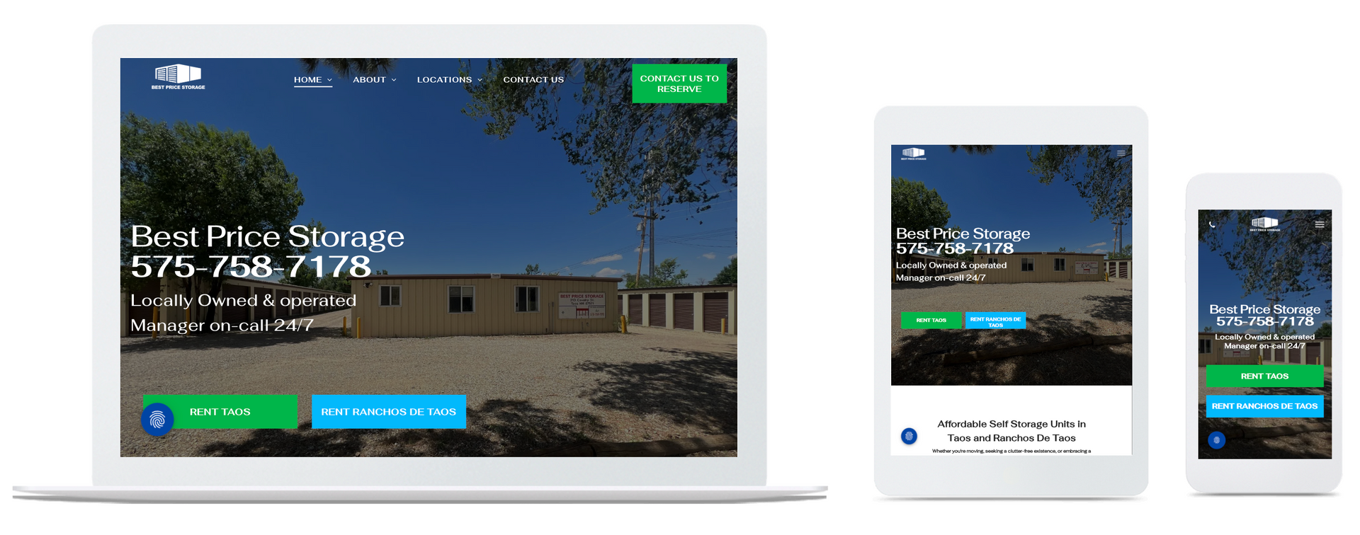 Best Price Storage website home page in desktop, mobile and tablet view
