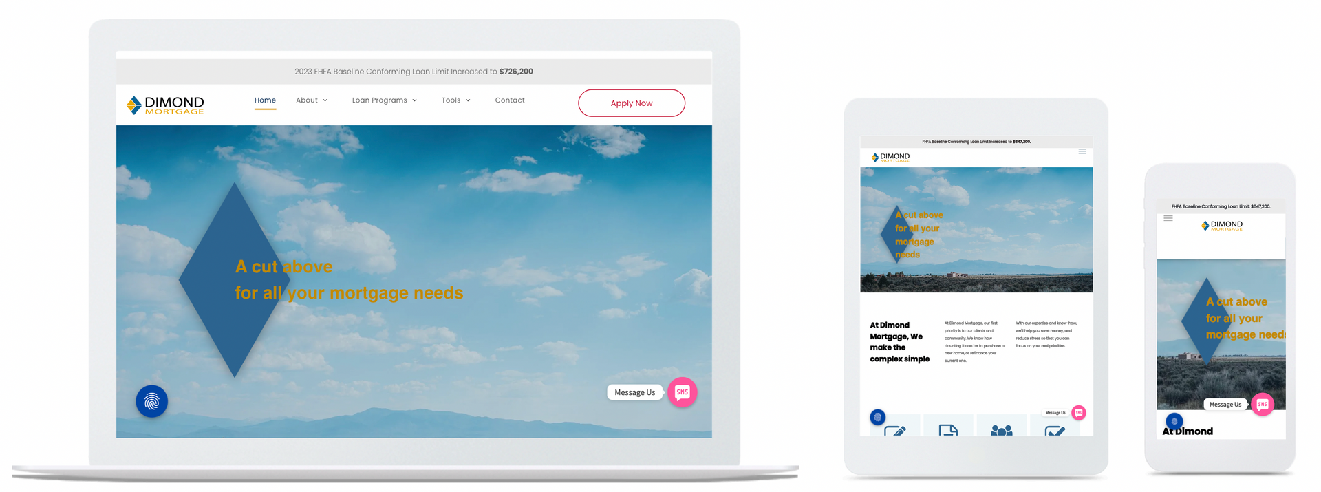 Dimond Mortgage home page in desktop, mobile and tablet view