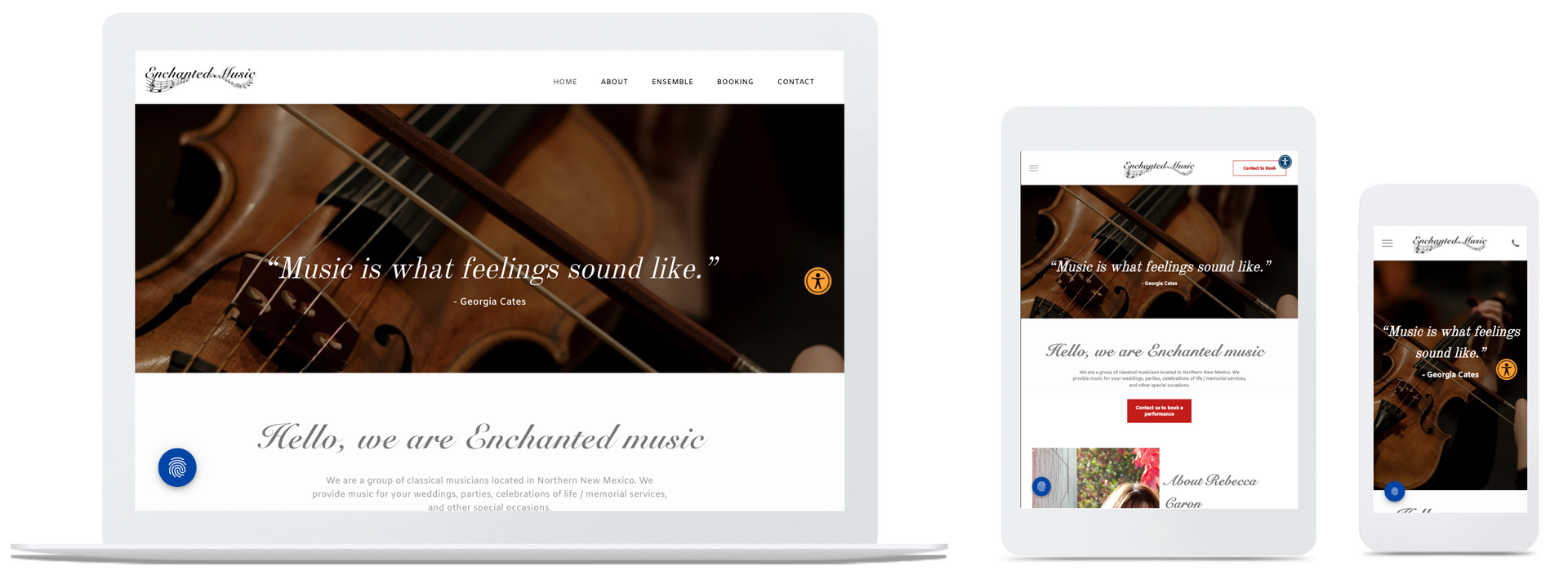 Enchanted Music home page in desktop, mobile and tablet view