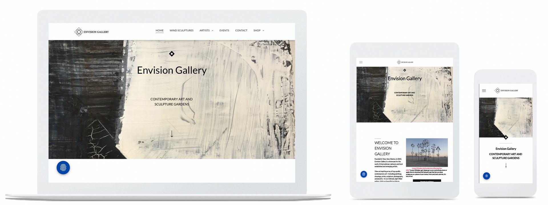 Envision Gallery website home page in desktop, mobile and tablet view