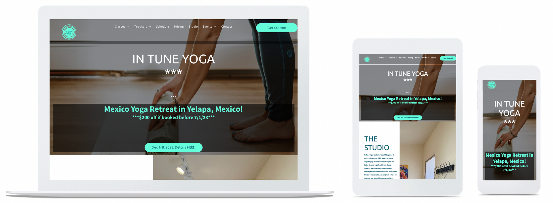 In Tune Yoga website home page in desktop, mobile and tablet view