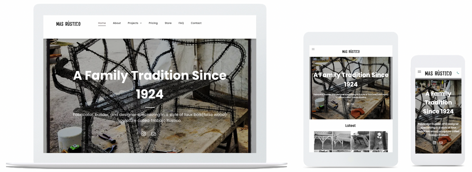 Mas Rustico home page in desktop, mobile and tablet view
