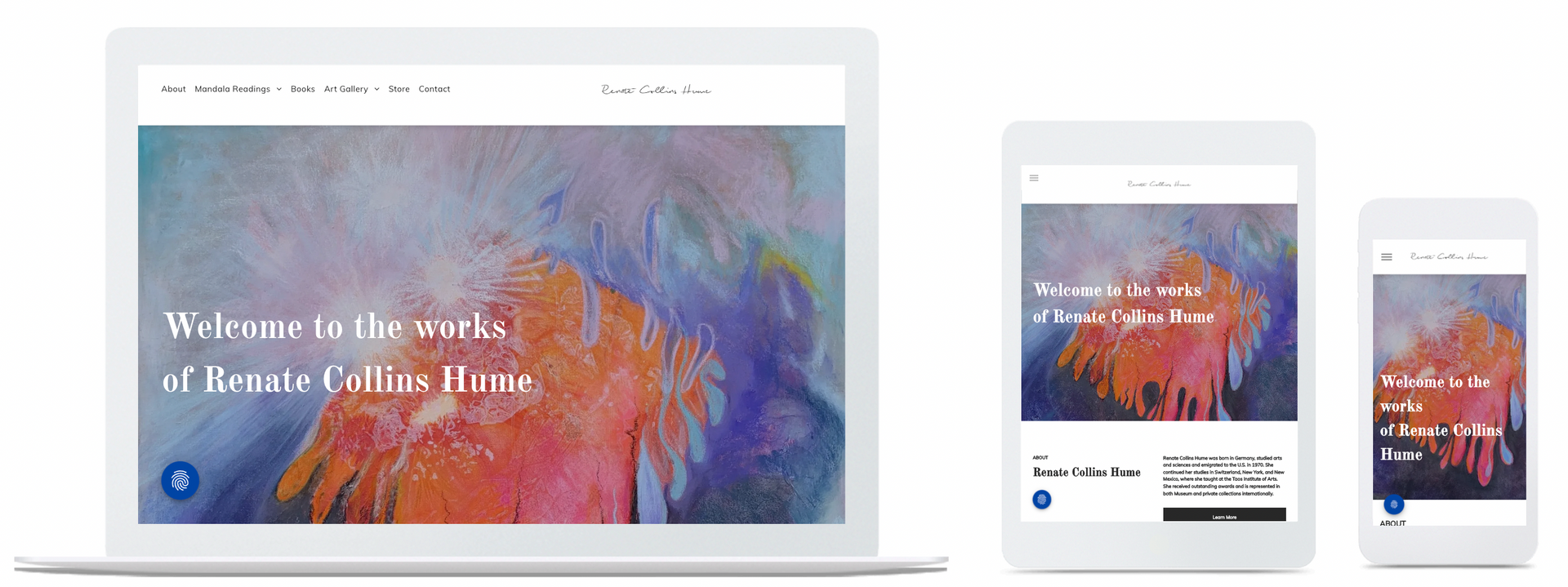 Renate Collins Hume home page in desktop, mobile and tablet view