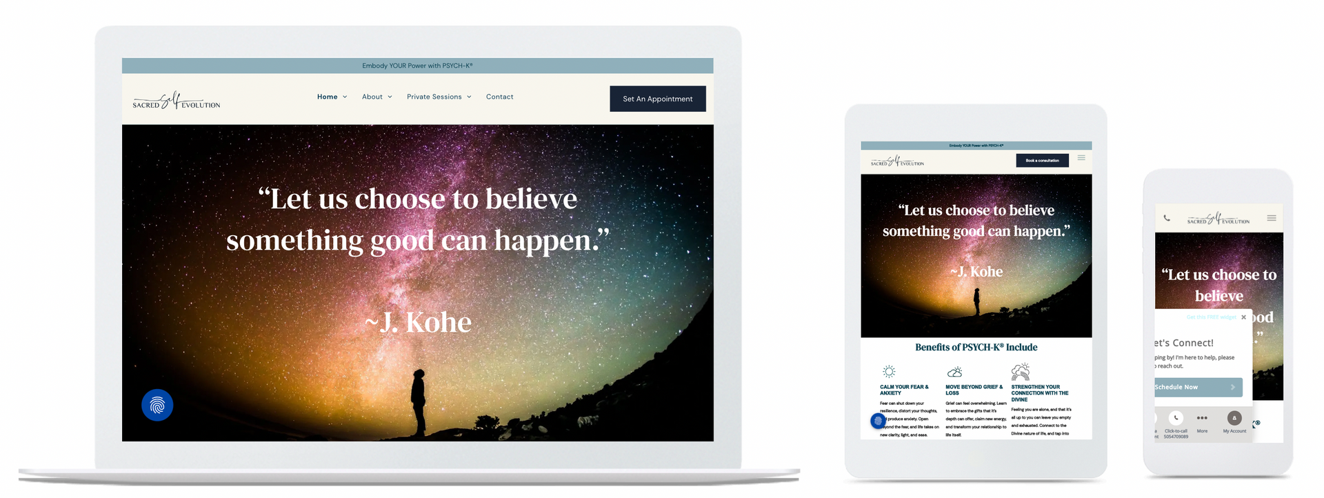 Sacred Evolution website home page in desktop, mobile and tablet view
