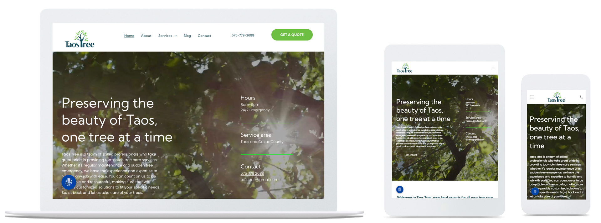 Taos Tree home page in desktop, mobile and tablet views