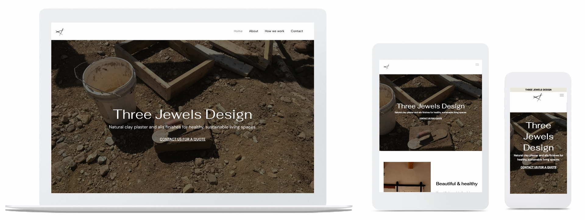 Three Jewels' website home page in desktop, mobile and tablet view