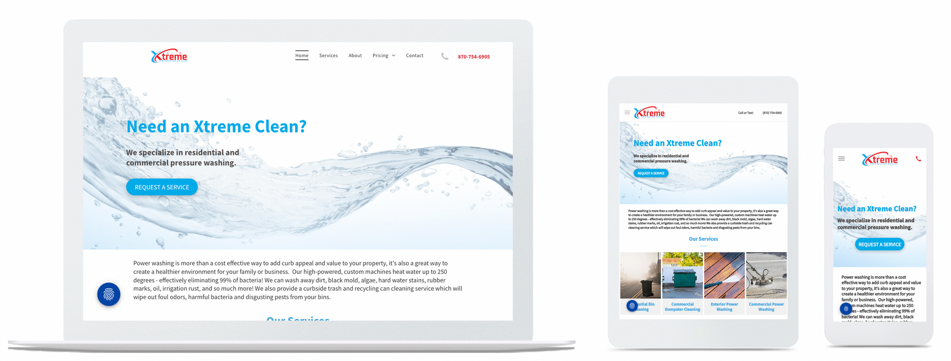 Xtreme Powerwash and Bin Clean home page in desktop, mobile and tablet view
