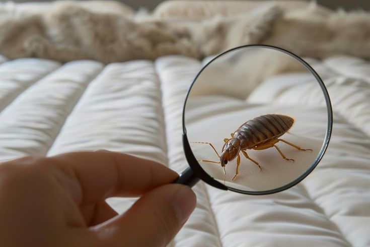 A person is holding a magnifying glass over a bed bug on a bed.