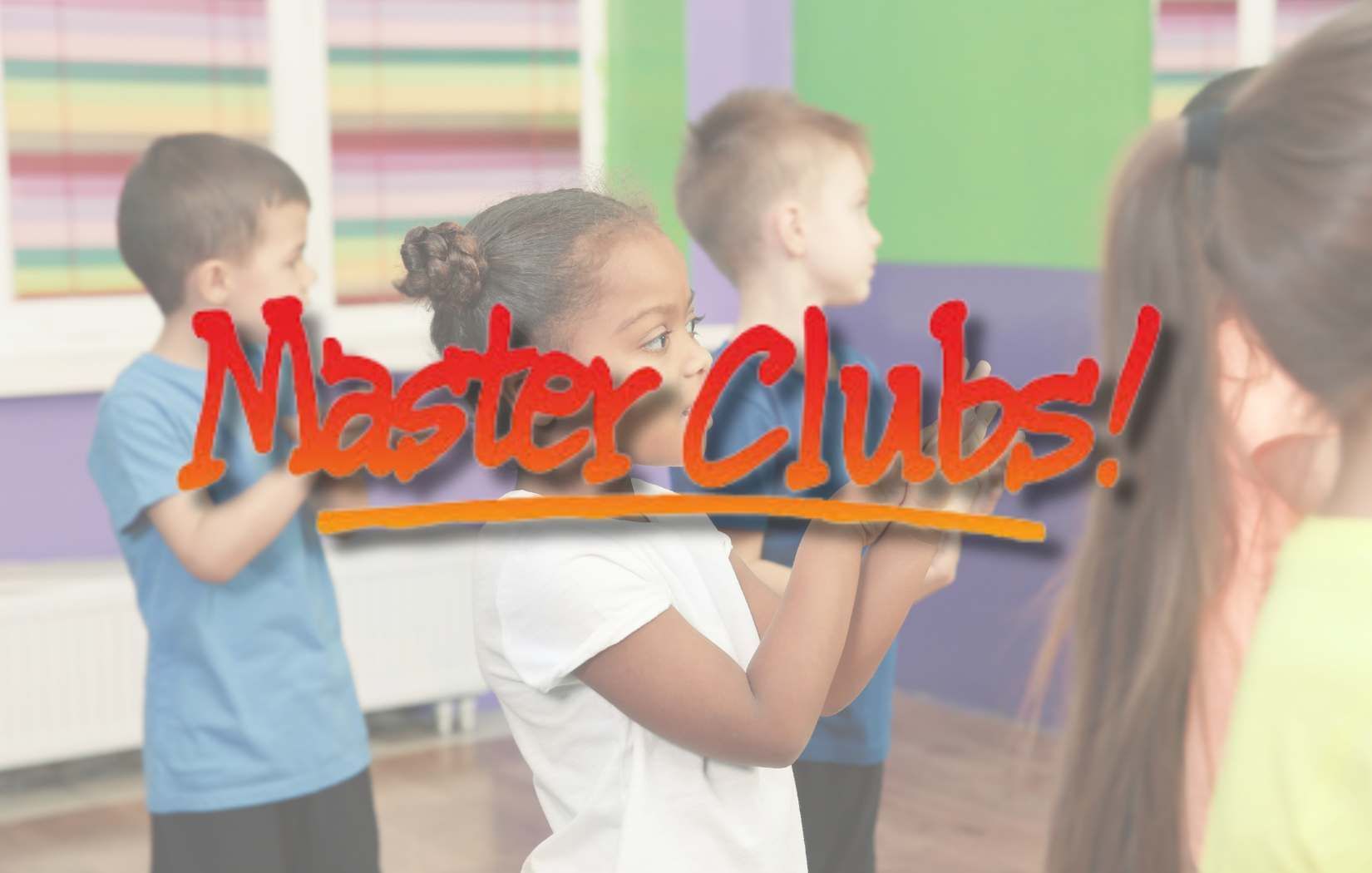 A group of children are standing in front of a sign that says master clubs.