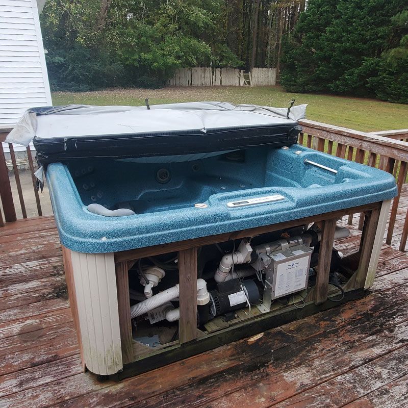 old hot tub on wood deck, hot tub removal