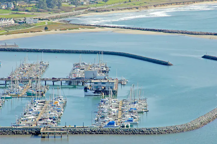 Aerial view of many boats docked in Pilar Point Harbor.