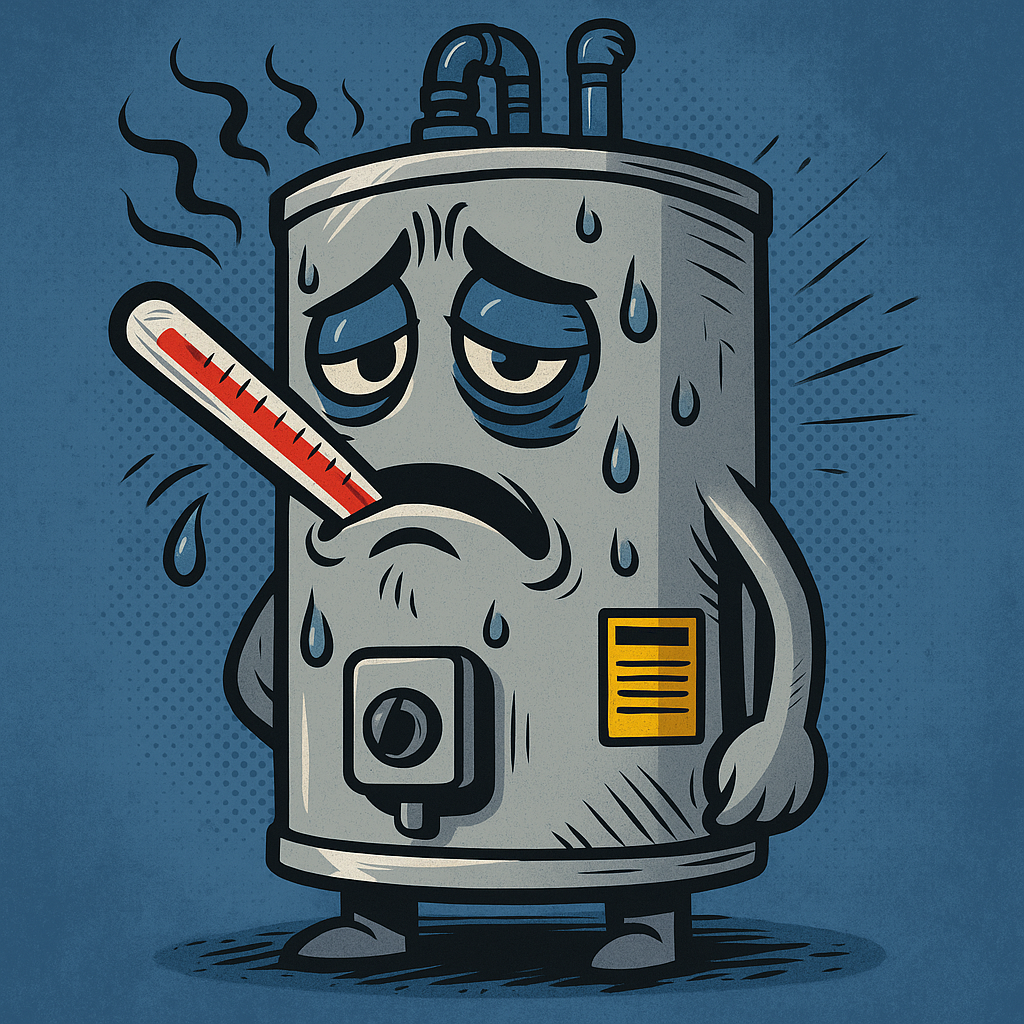 Cartoon of a sad water heater with a thermometer, sweating and looking unwell. Blue background.