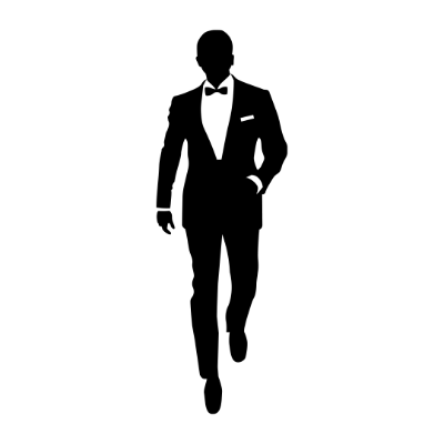 A silhouette of a man in a tuxedo and bow tie walking.