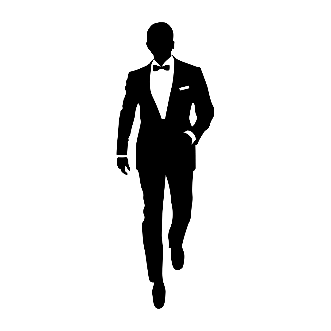 A silhouette of a man in a tuxedo and bow tie walking.