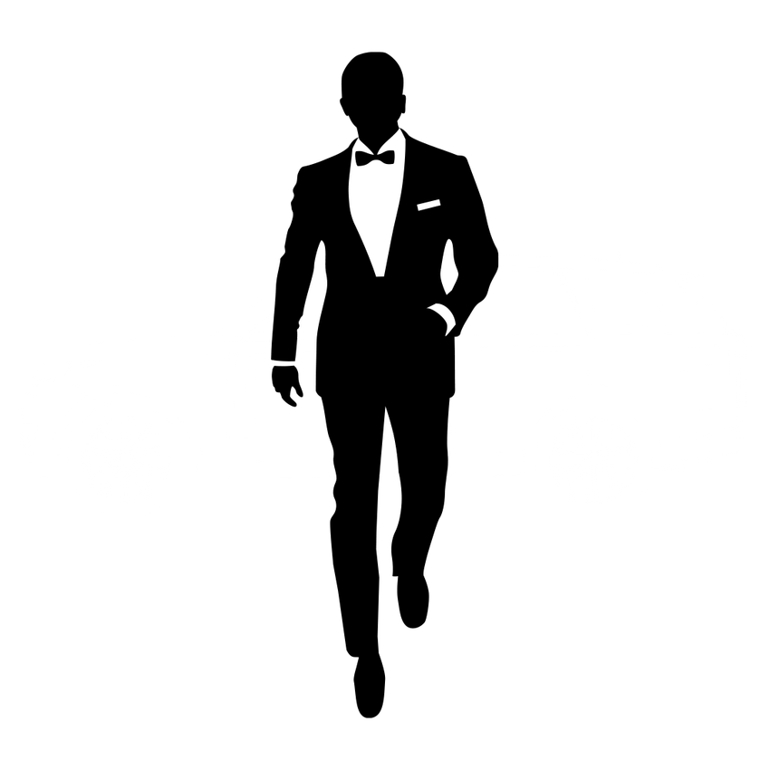 A silhouette of a man in a tuxedo and bow tie walking.