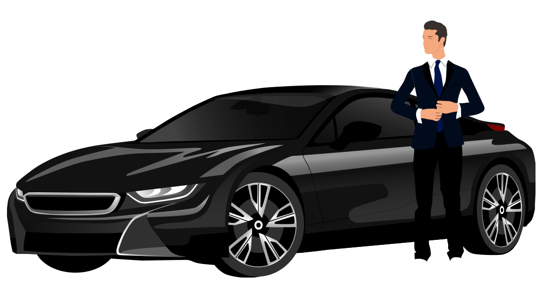 A man in a suit and tie is standing next to a black car.