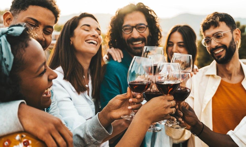 A group of people are toasting with wine glasses.