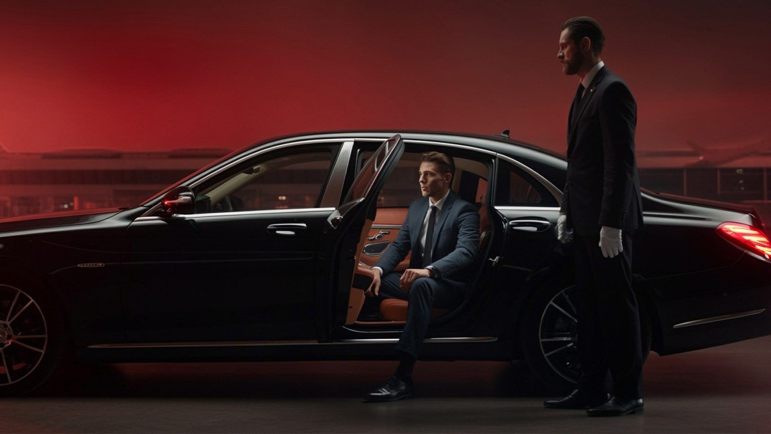 A man in a suit is sitting in the back seat of a black car and a chauffeur is waiting for closing the car's door.