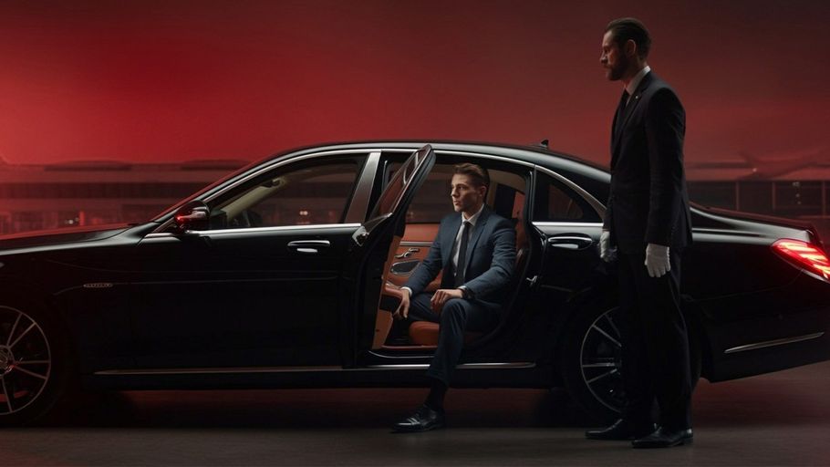 A man in a suit is sitting in the back seat of a black car and a chauffeur is waiting for closing the car's door.