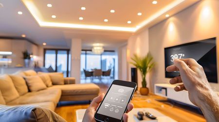 A person is holding a smart phone in a living room.