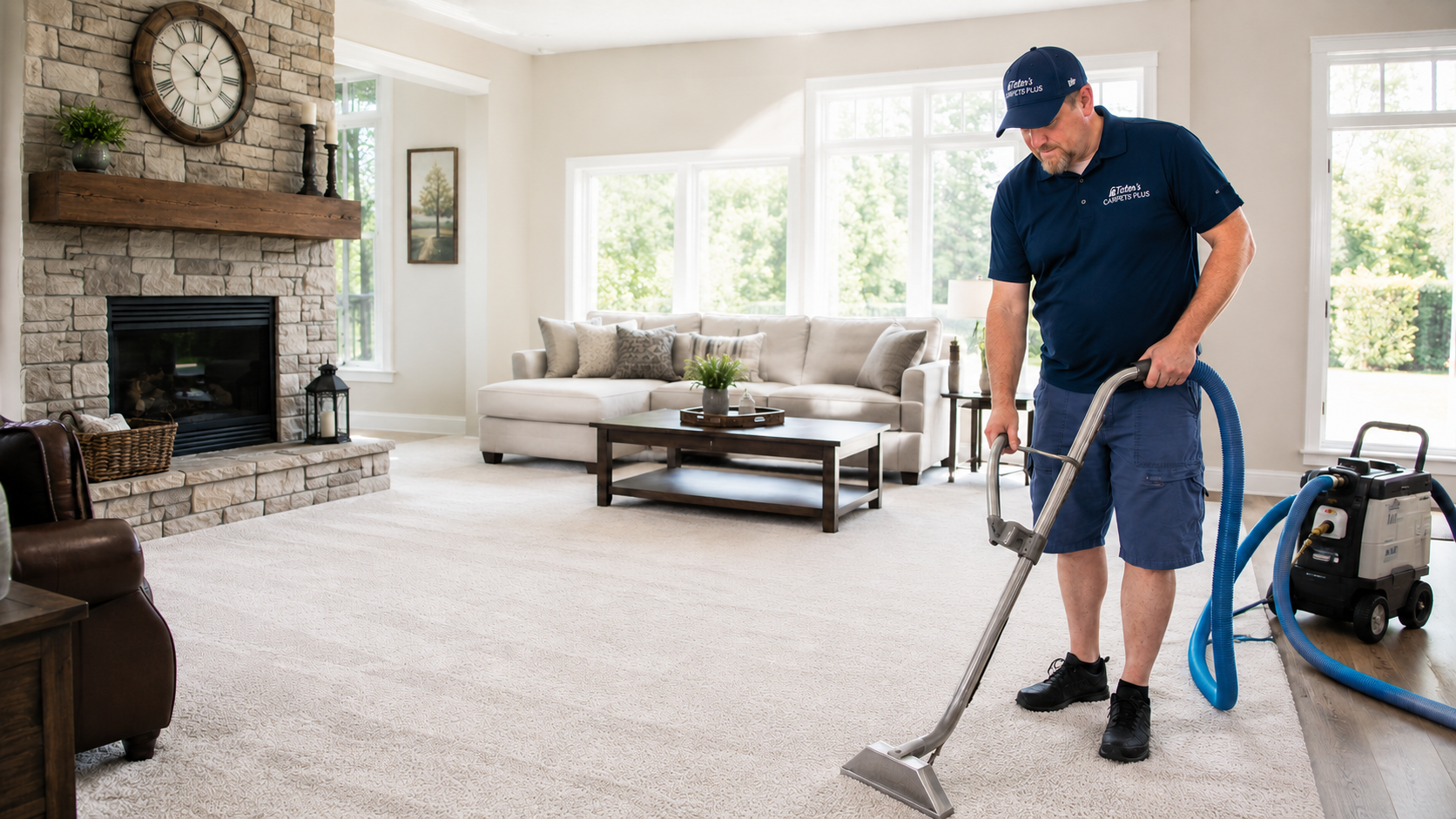 Person vacuuming a gray carpet beside a yellow canister vacuum in a living room