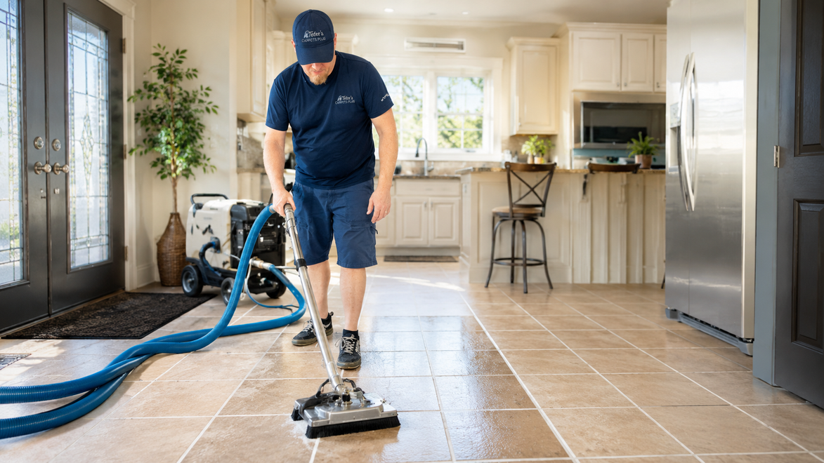 A person using a blue floor scrubber on white tiled flooring near a mosaic wall.