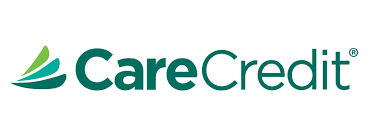 The logo for carecredit is green and white with a green leaf.