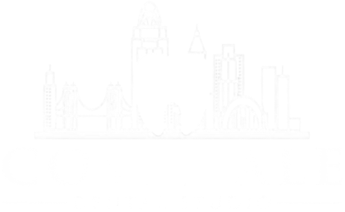 Logo: Blue tooth over gold city skyline. CoveDale Dental Studio in navy text.