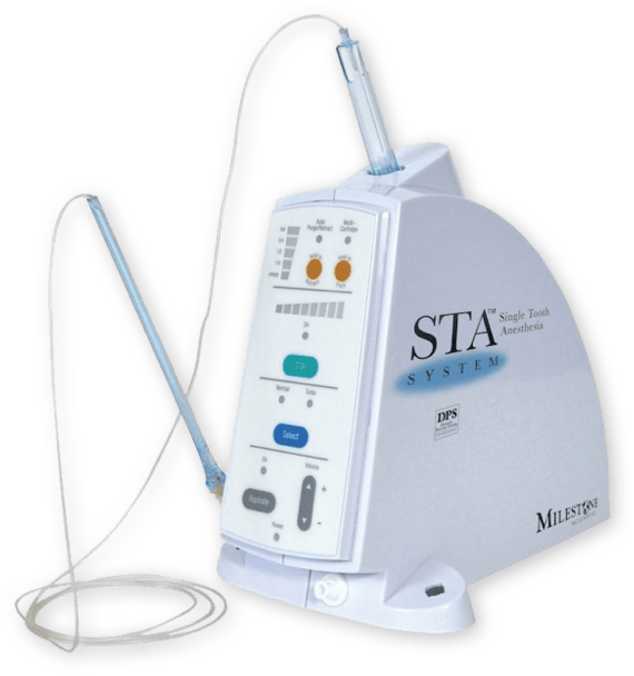 A white STA System dental anesthesia device with a handpiece and a syringe.