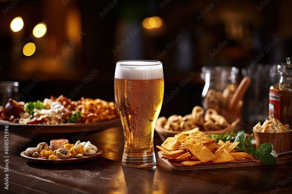 There is a glass of beer and a plate of food on the table.