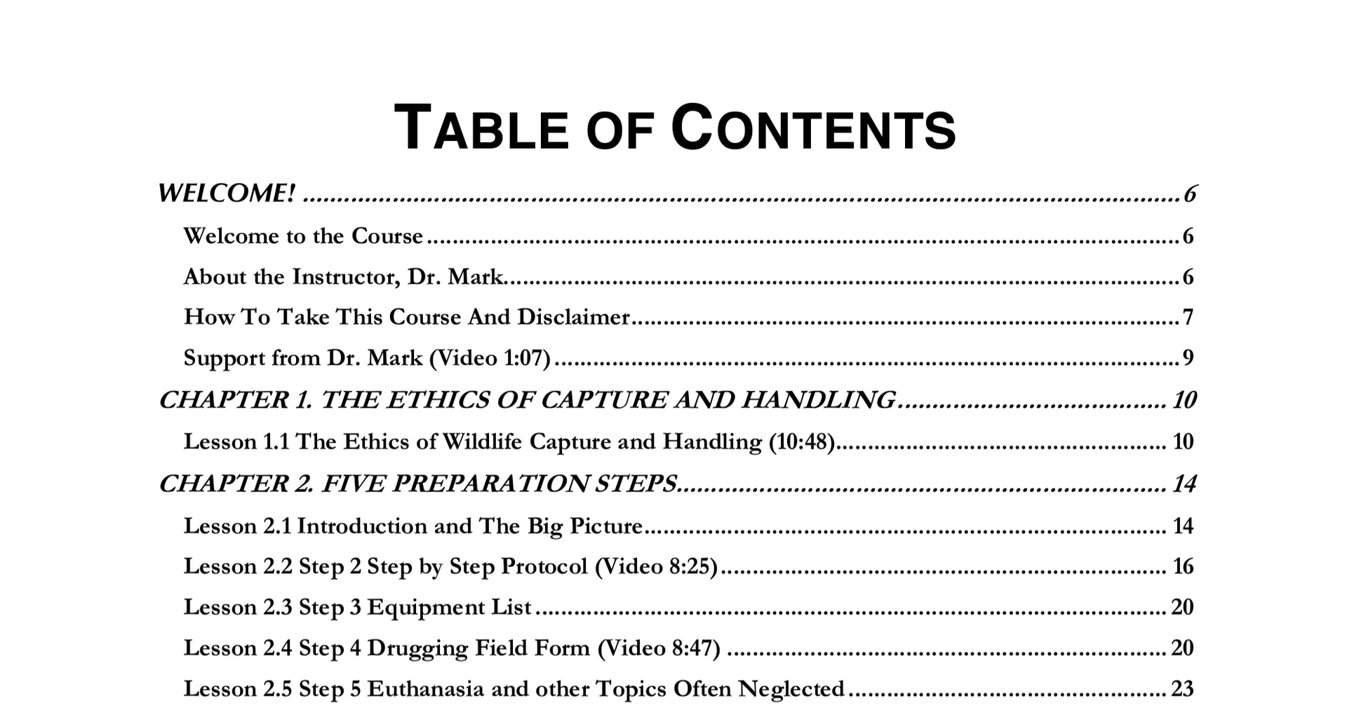 Foundations of Wildlife Chemical Capture course outline.